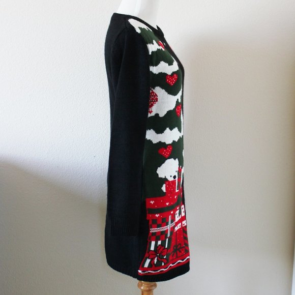 Womens Ugly Xmas Christmas Tree w/ Polar Bears Holiday Sweater Tunic Dress Small - Picture 7 of 7